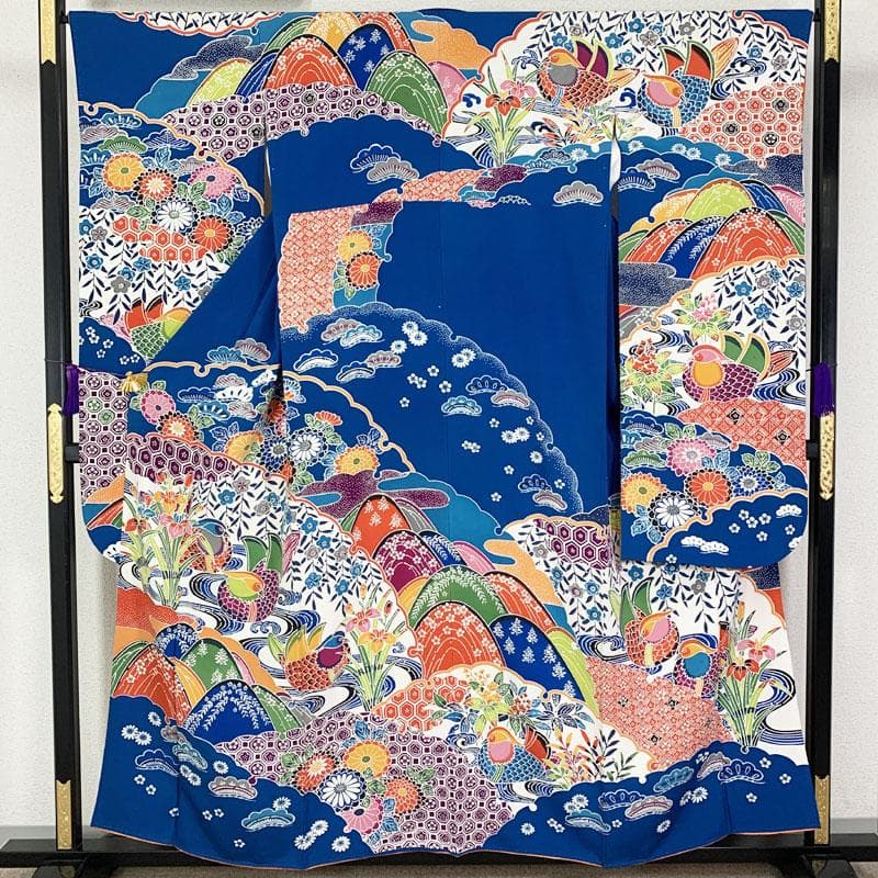 510z22☆紅型 中振袖 小柄な方にも 古典柄 青☆美品 成人式結婚式十三参り