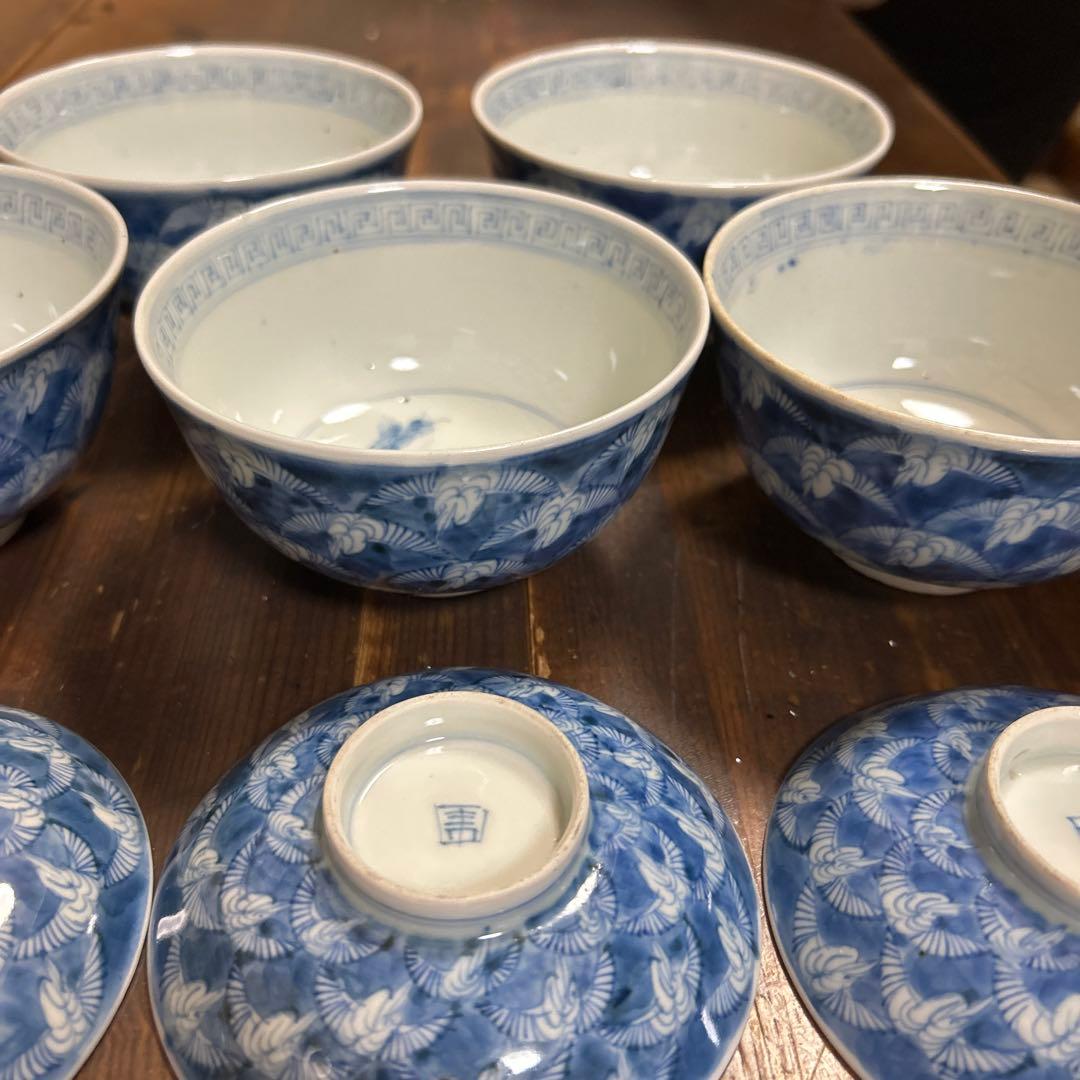 古伊万里　手描き　江戸期　江戸時代　幕末　骨董品　龍の図　蓋付き　飯碗　5客