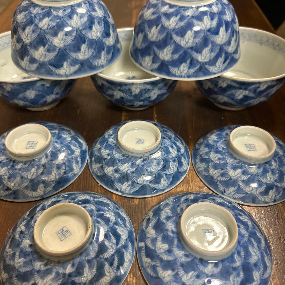 古伊万里　手描き　江戸期　江戸時代　幕末　骨董品　龍の図　蓋付き　飯碗　5客