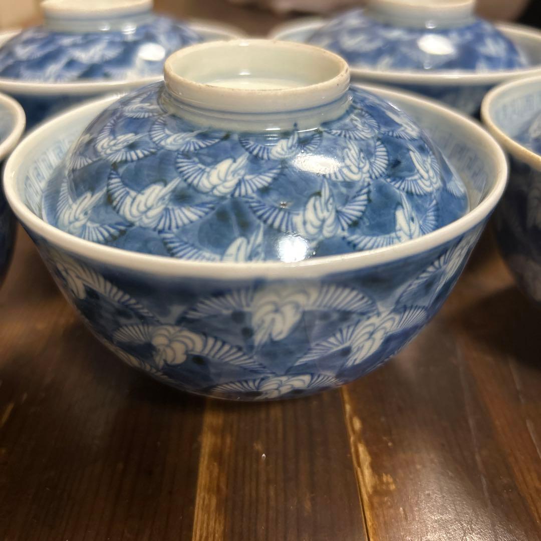 古伊万里　手描き　江戸期　江戸時代　幕末　骨董品　龍の図　蓋付き　飯碗　5客