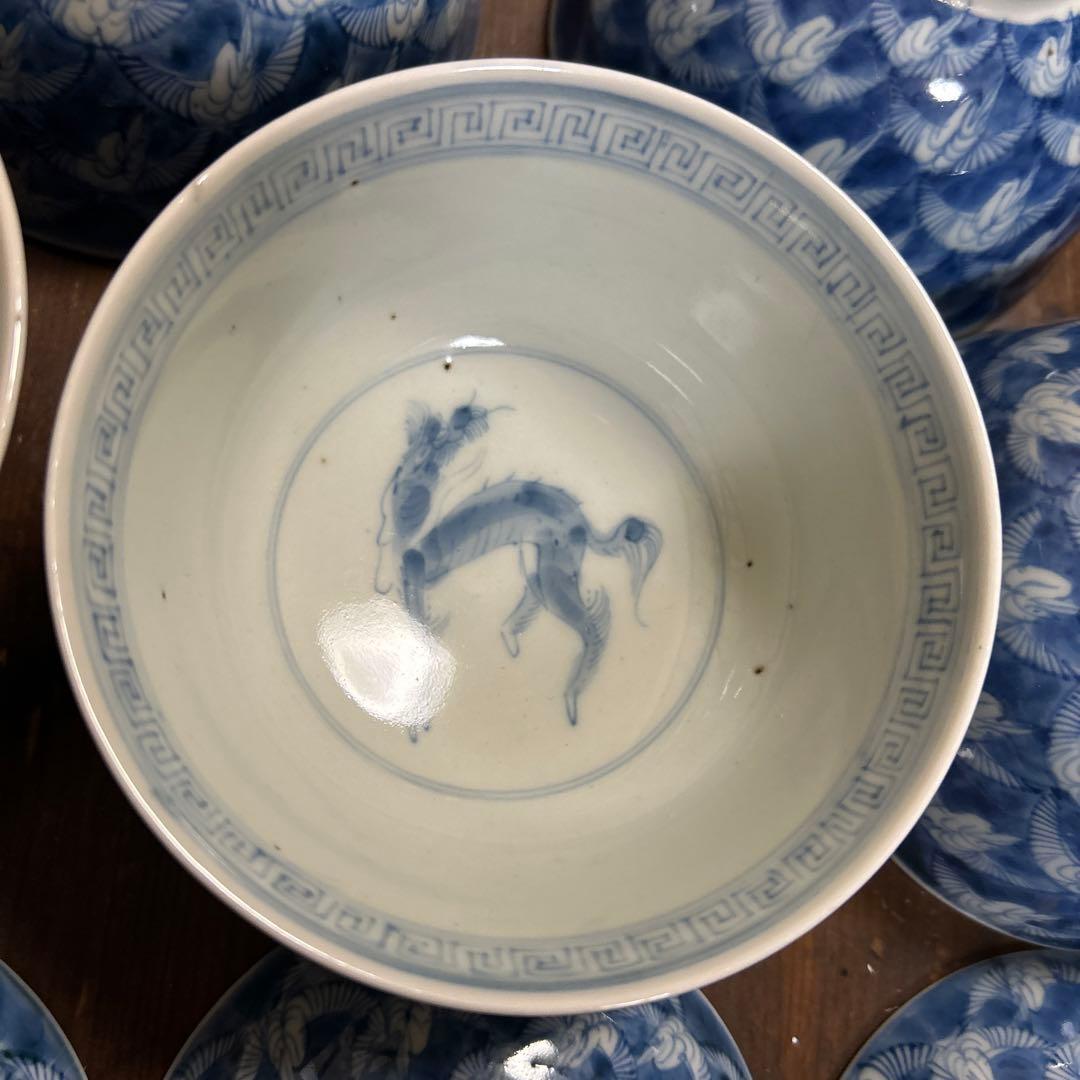 古伊万里　手描き　江戸期　江戸時代　幕末　骨董品　龍の図　蓋付き　飯碗　5客
