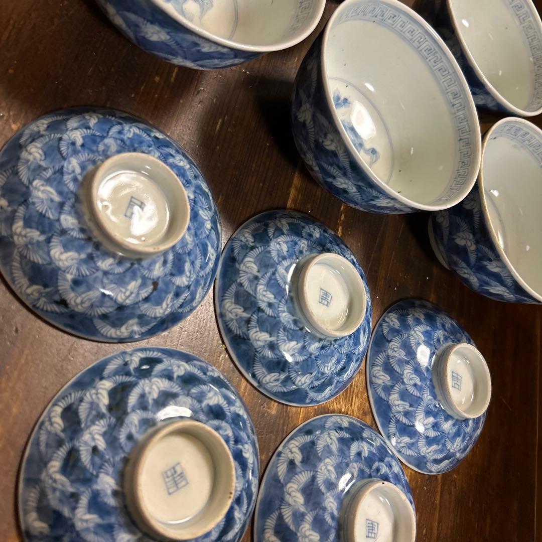 古伊万里　手描き　江戸期　江戸時代　幕末　骨董品　龍の図　蓋付き　飯碗　5客