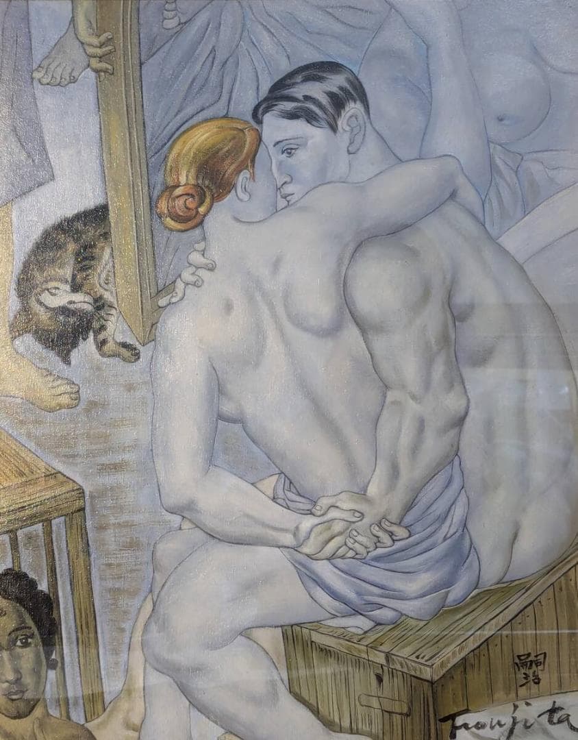 【模写】絵画　藤田嗣治　アクリル画　乳白色の裸婦と猫のいる幻想的構図　W58