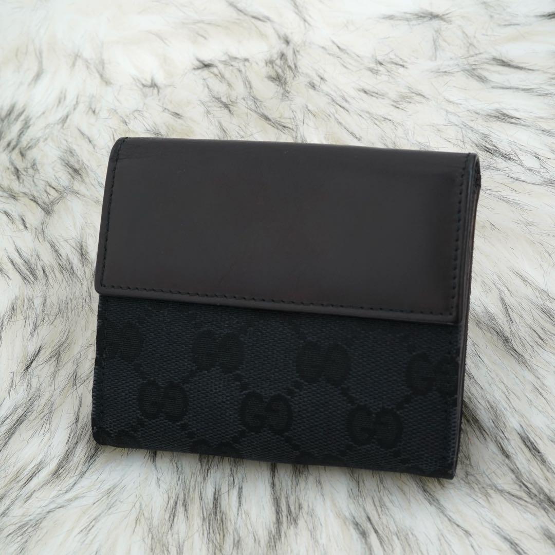 未使用級　箱付き　GUCCI グッチ　二つ折り財布　レザー×キャンバス　ブラック