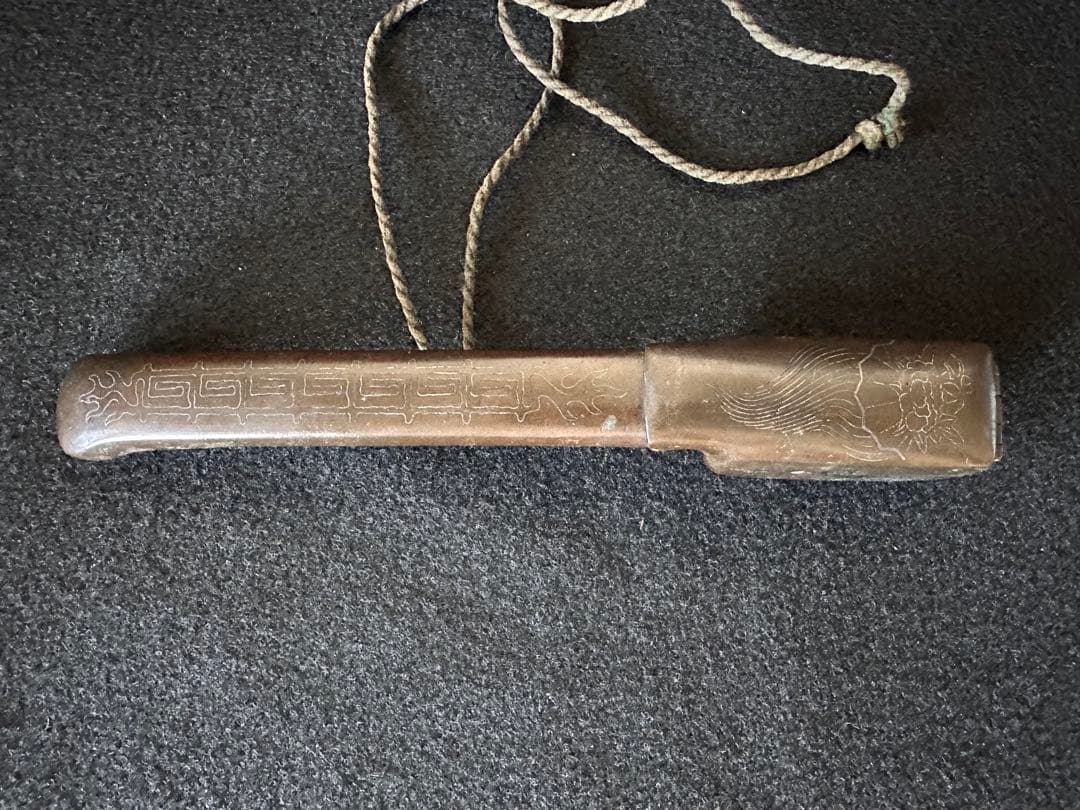 古銅 矢立 銀象嵌 牡丹図　書道具 筆入れ アンティーク 時代物　⑦