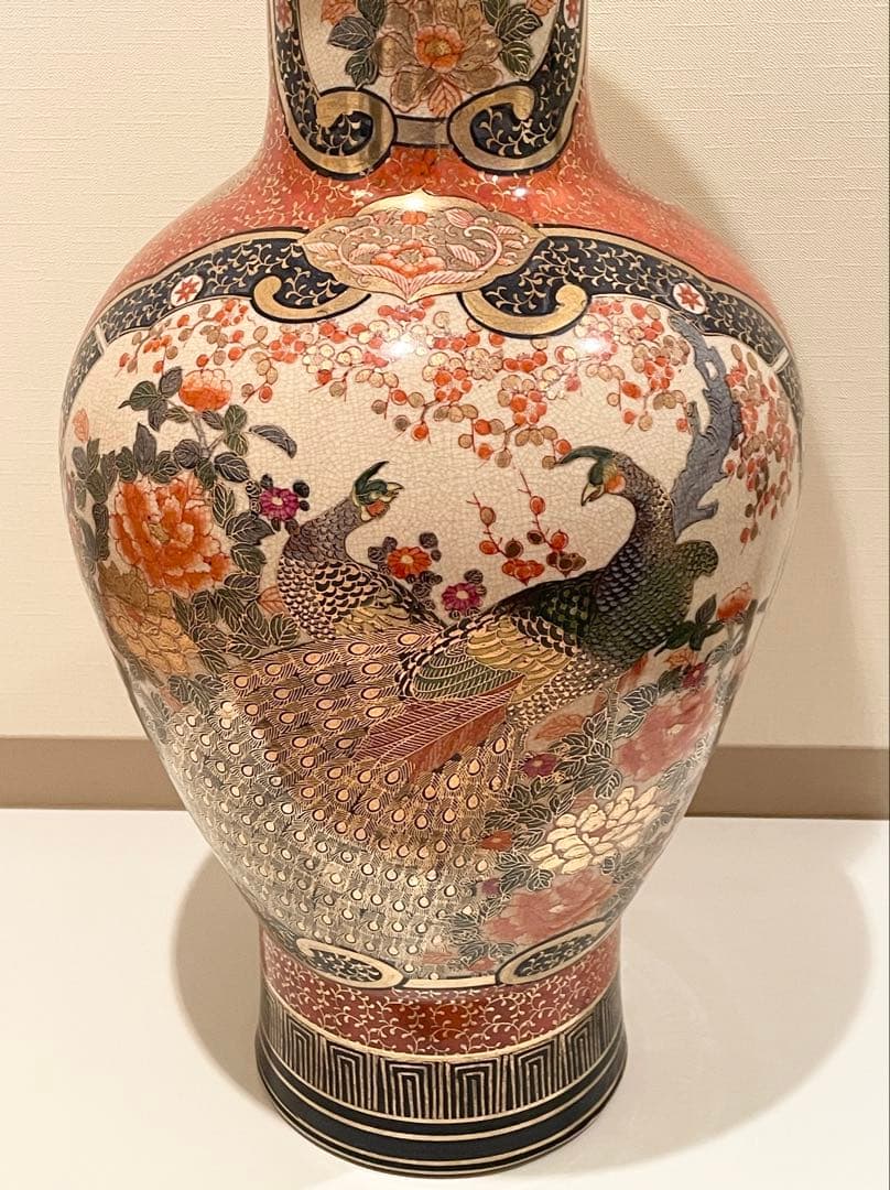 九谷焼 伊万里 陶月 梅牡丹孔雀獅子図金襴手 大花瓶 高さ約76cm