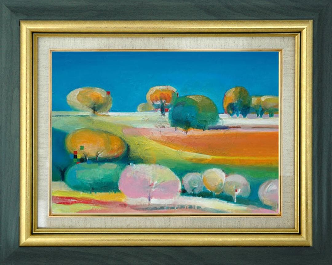 油絵 菅家令子 絵画インテリア額付(青緑＋金色の枠)uF6-110809風景田園