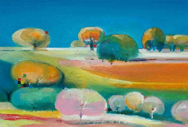 油絵 菅家令子 絵画インテリア額付(青緑＋金色の枠)uF6-110809風景田園