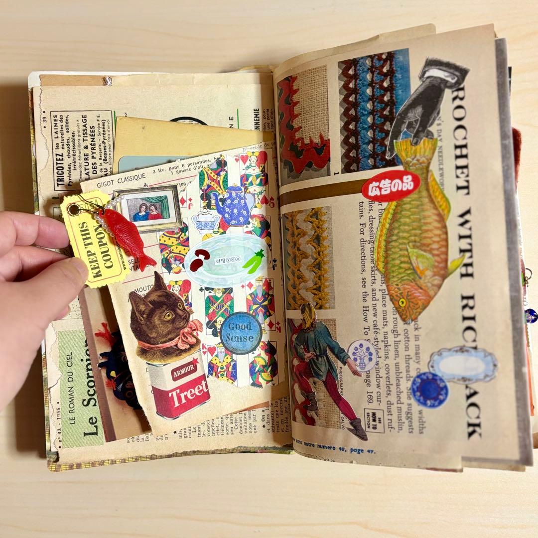 猫のジャンクジャーナル　コラージュ　おすそ分け　紙もの　ラベル　素材　絵本