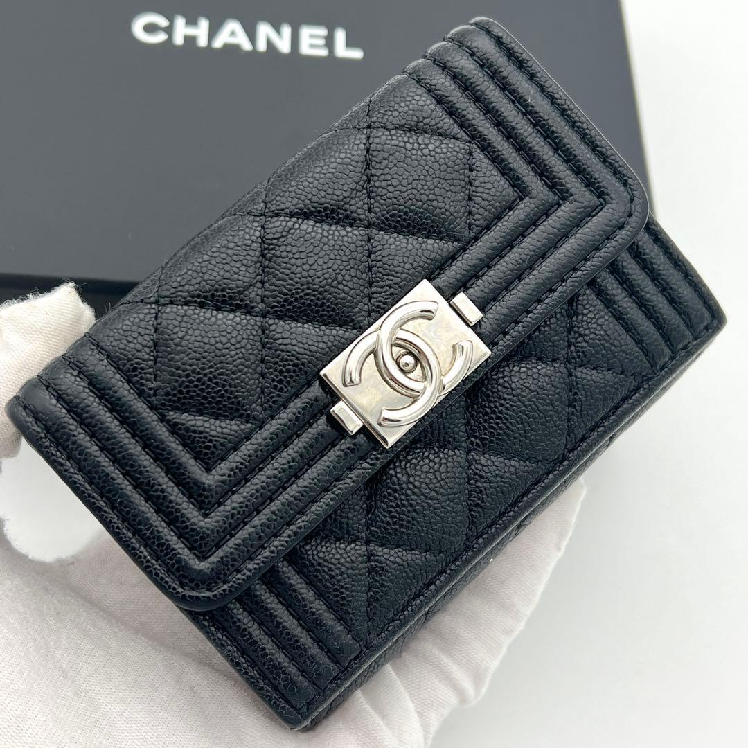 【極美品】シャネル ボーイシャネル 三つ折り財布 キャビアスキン ブラック 黒