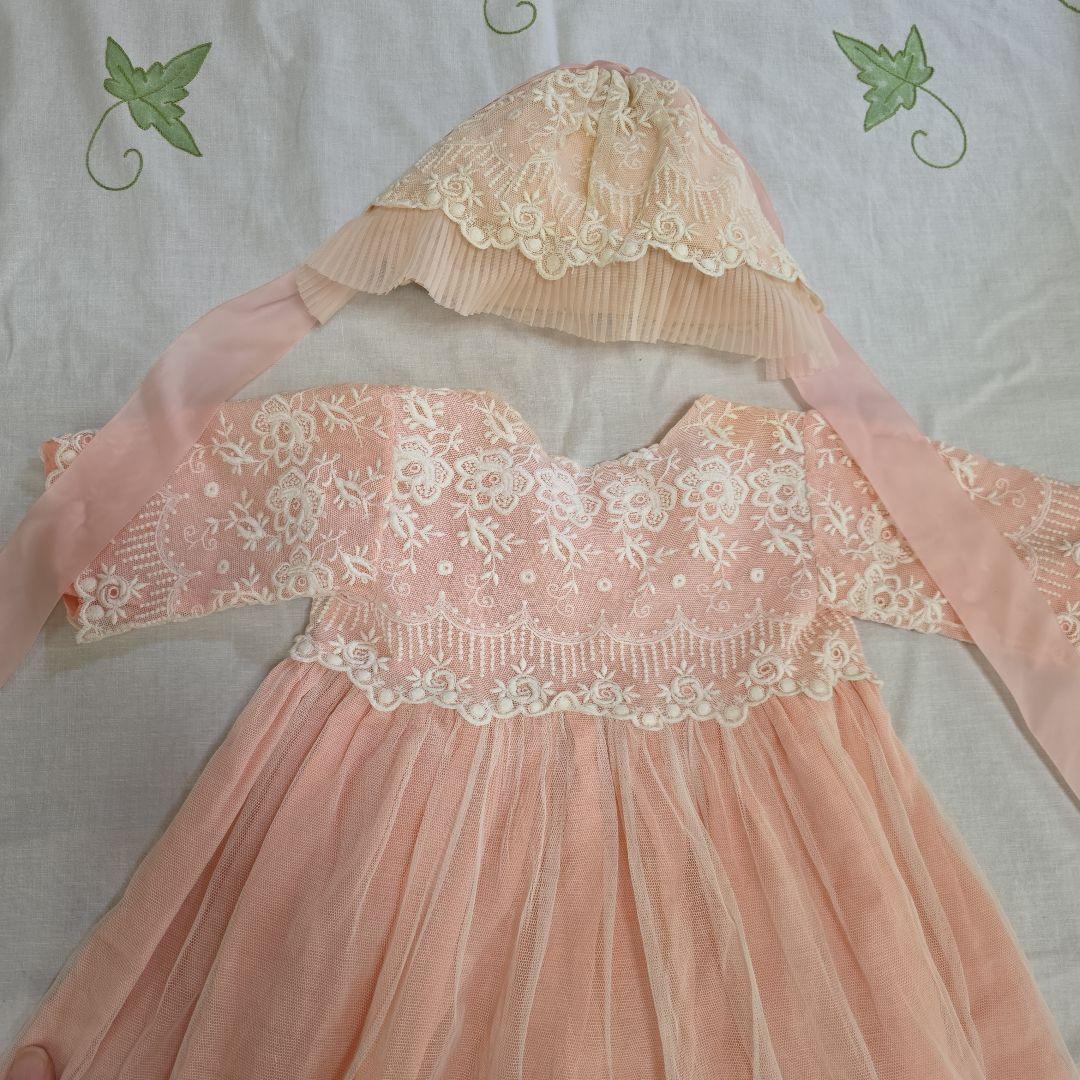 アンティークビスクドール　ドレス　フランスアンティーク　レースドレス　ボネ付き