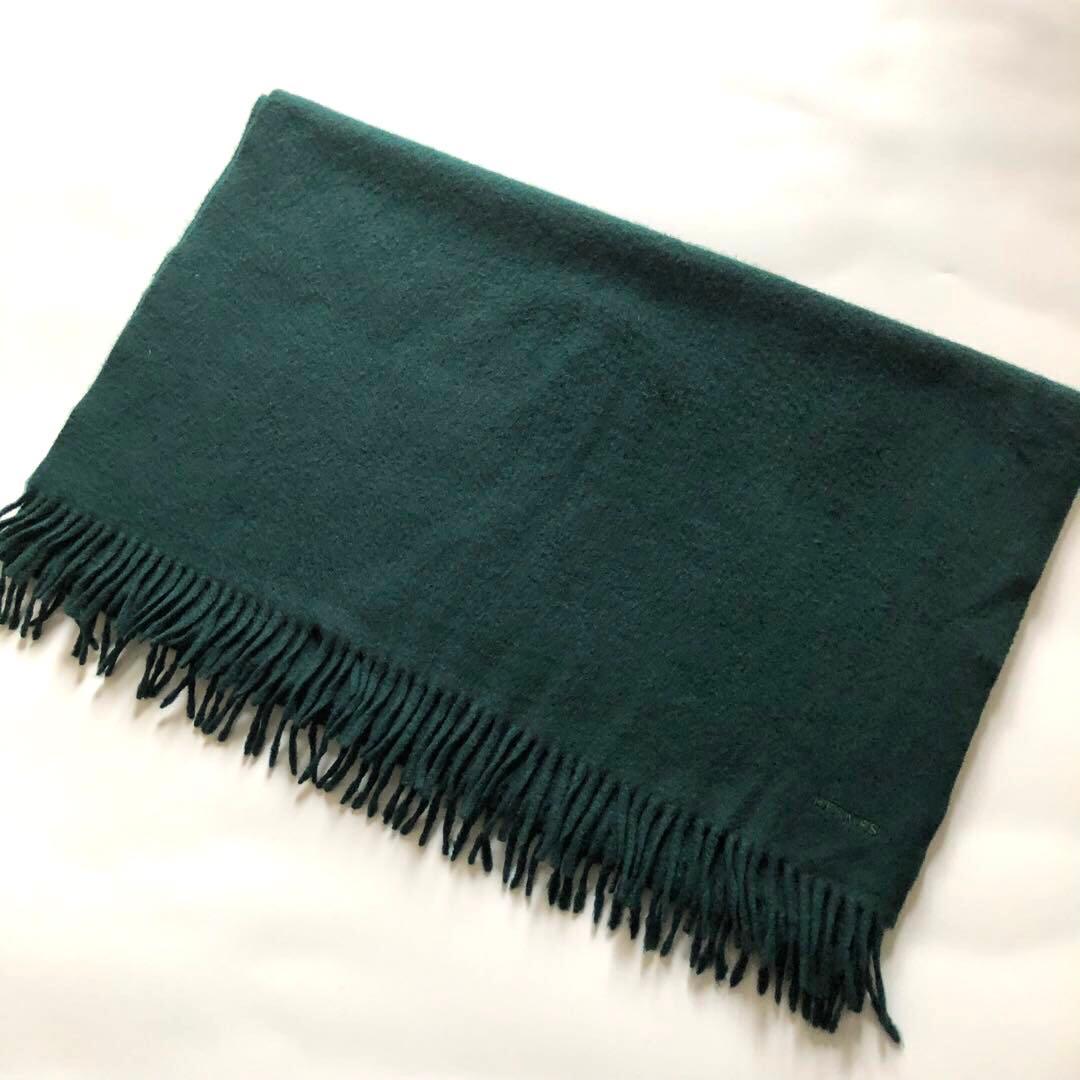 ★美品★HERMES 大判カシミヤ100%マフラー ストール ブルーグリーン