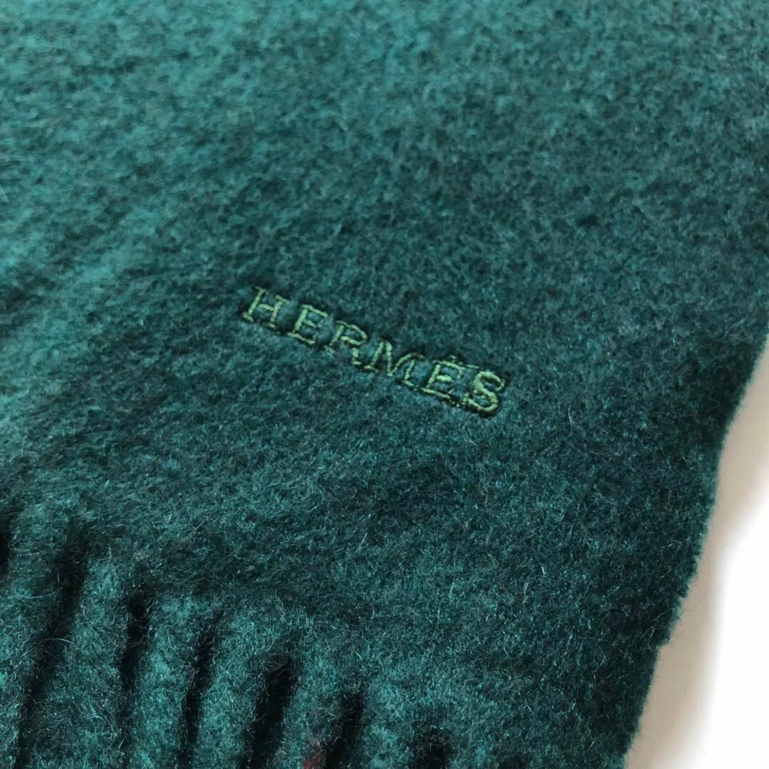 ★美品★HERMES 大判カシミヤ100%マフラー ストール ブルーグリーン
