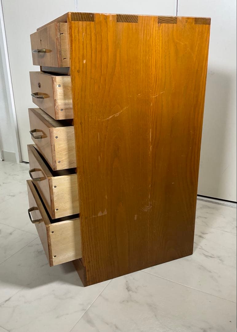 アンティーク　小引き出し 5段　ハンドル 金×黒　小箪笥　収納　古道具