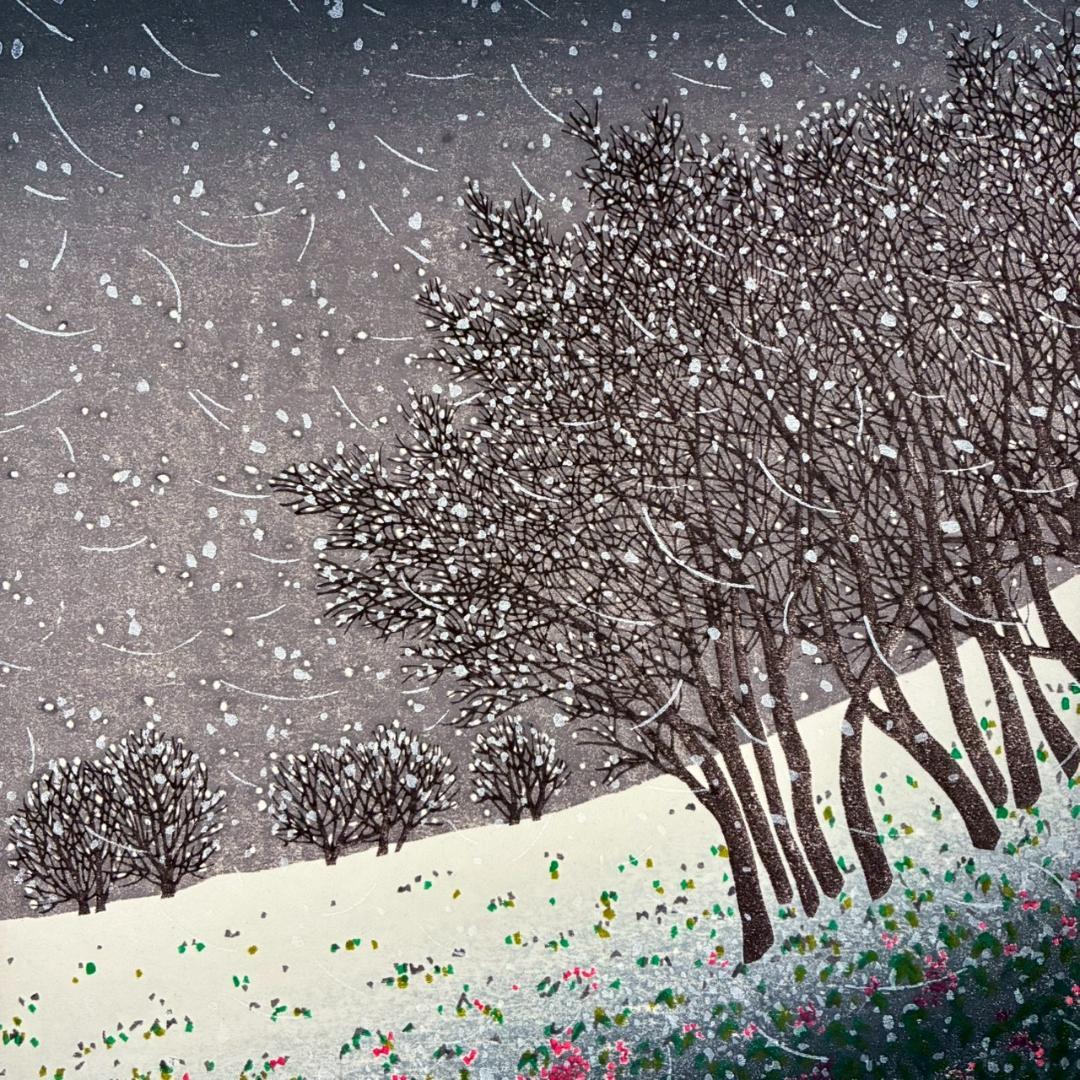 美品 牧野宗則「雪月夜」木版画 1993年制作 直筆サイン入り 額縁入り 新版画