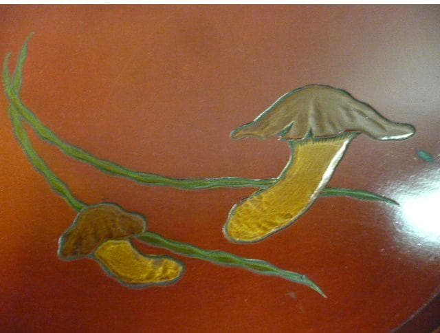 朱塗 彫刻 絵変り 丸盆 5枚 [B31315]