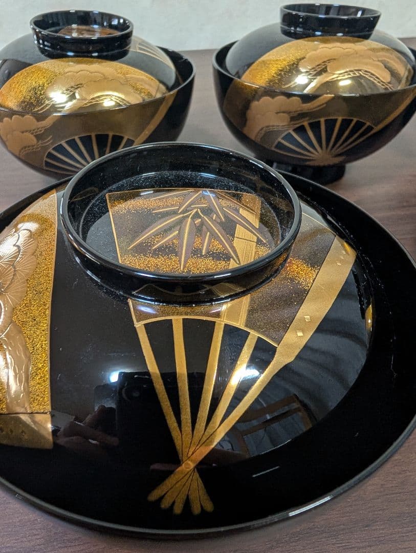 蒔絵　扇面　松竹梅　吸物椀　雑煮椀　煮物椀　５客セット　輪島塗