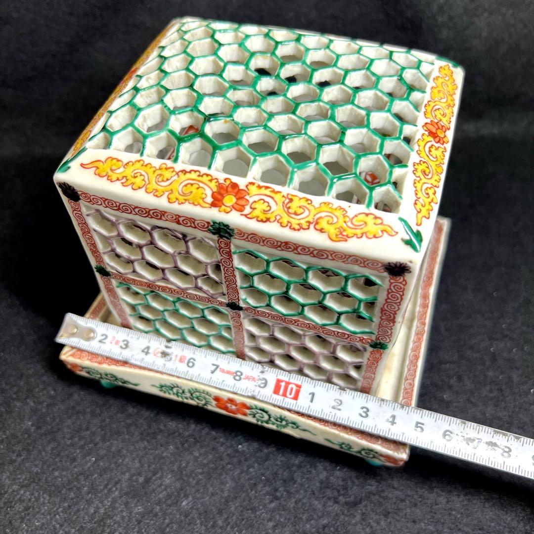 九谷焼虫籠透香炉　木箱付　約14.5×13×14㎝　東Y7-0507⭐︎2Fトコオ