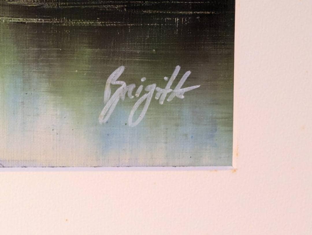 【真作】絵画　油彩　湖畔の教会とアルプス　風景画　洋画風景　W125