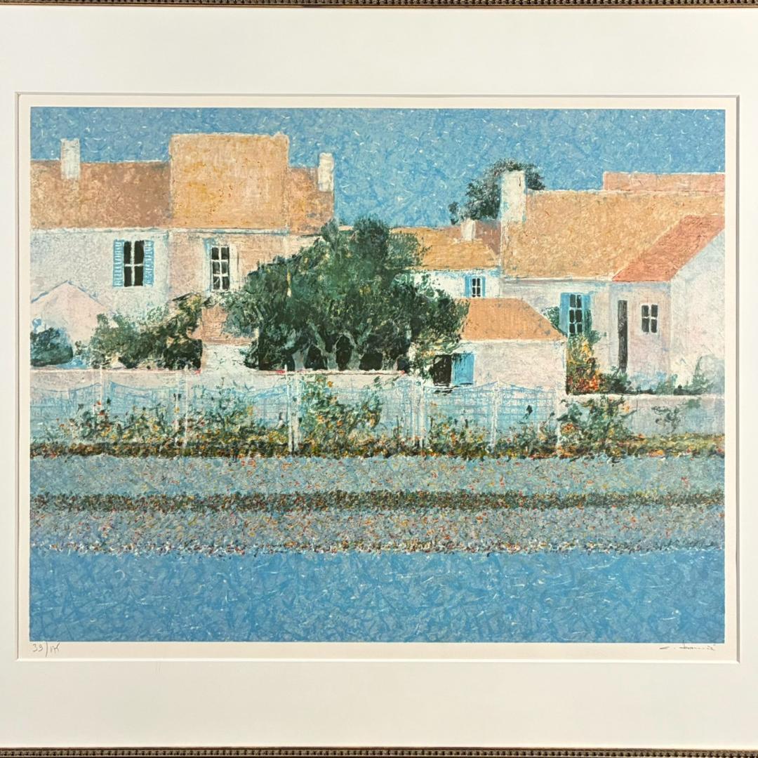 美品 アンドレ・ブーリエ「水辺の家」リトグラフ 直筆サイン入 お洒落な額装 点描