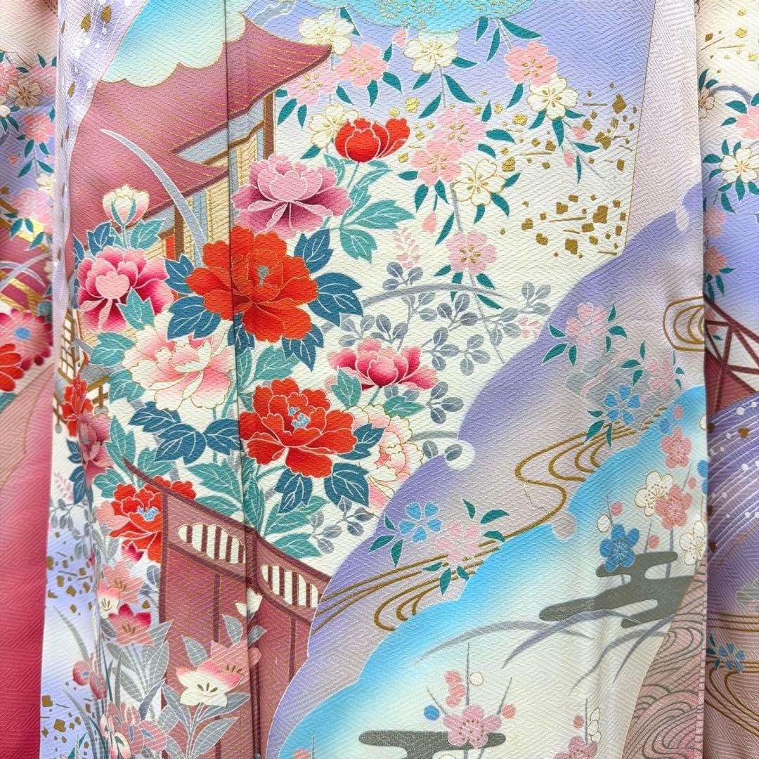 12 振袖フルセット 正絹 薄桃 ピンク 水色 金彩 暈し染め 華やか 小柄さん