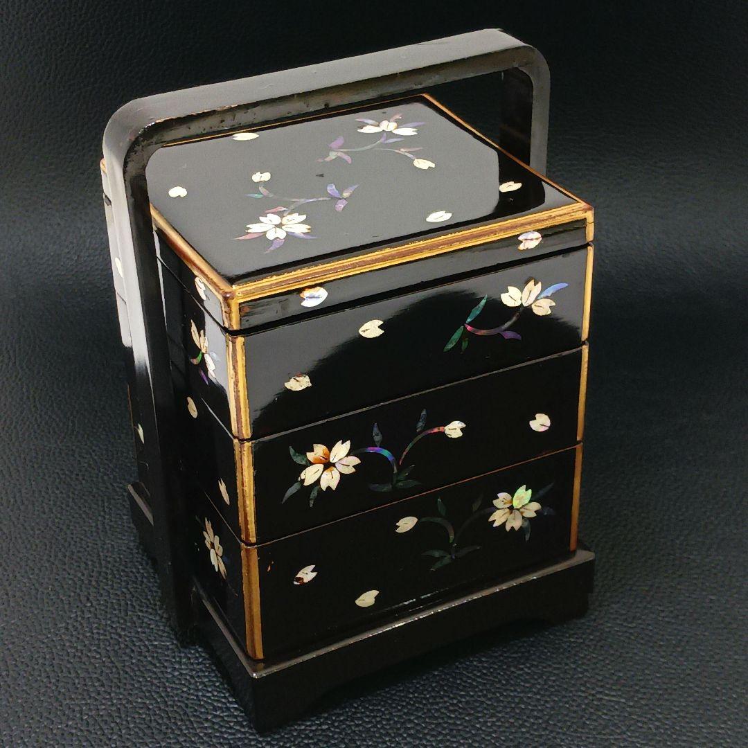 Y2447-6 長崎螺鈿 青貝蒔絵 三段重箱 共箱　う