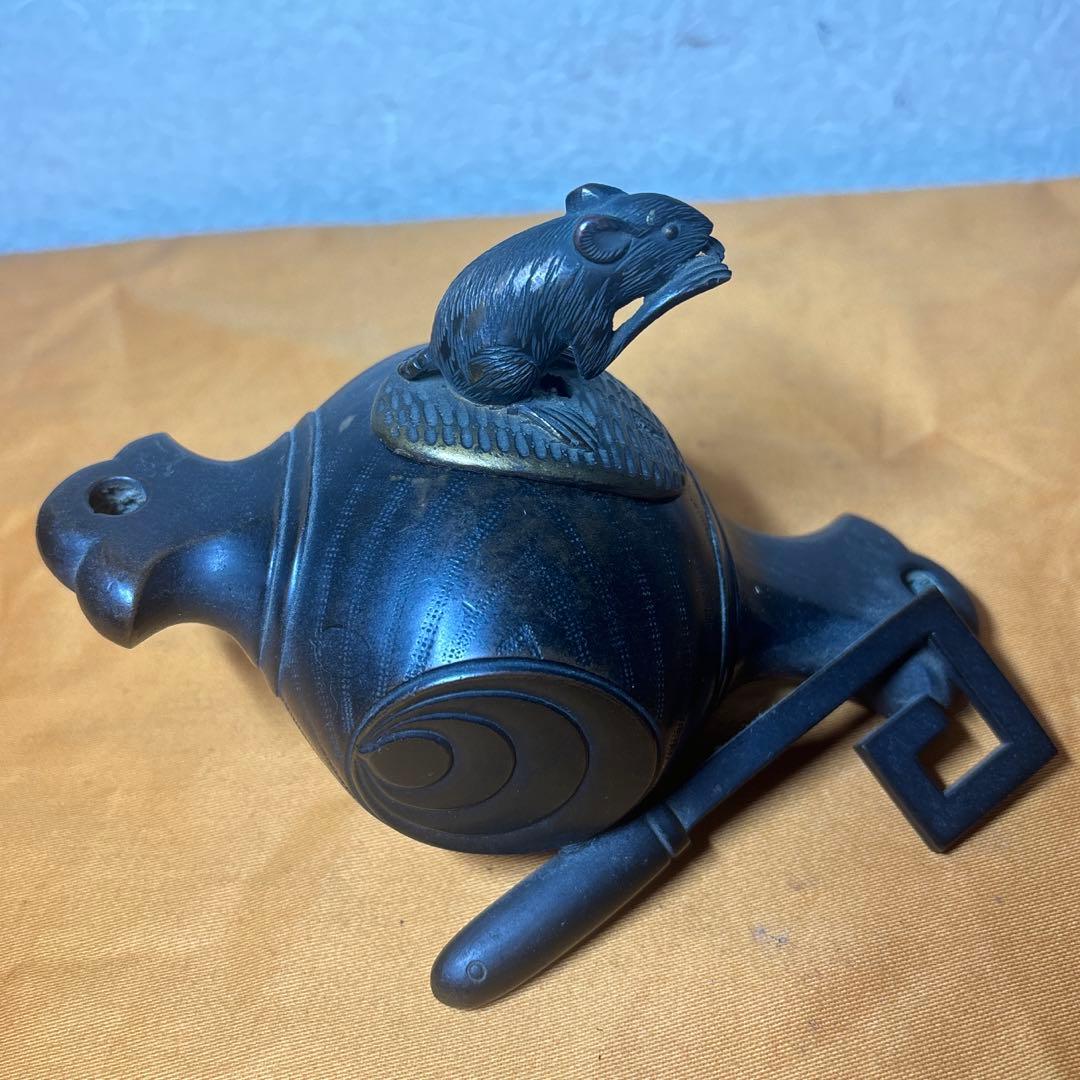 唐銅 福槌に鼡 置物 銅香炉 打ち出の小槌に鼠小判