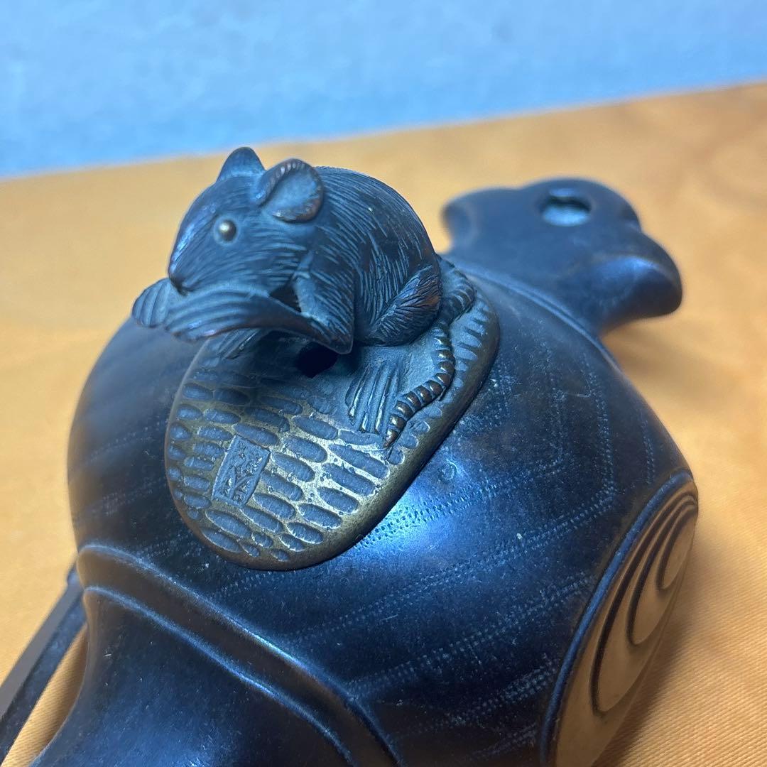 唐銅 福槌に鼡 置物 銅香炉 打ち出の小槌に鼠小判