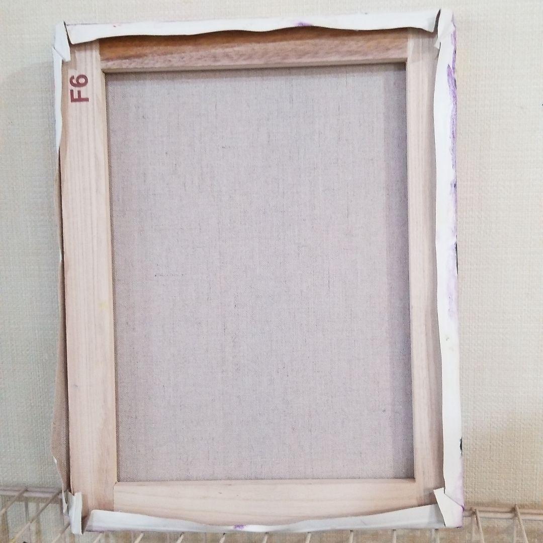 キャンバス油絵　専用　カラフルなお花とモノトーンの食器があるテーブル