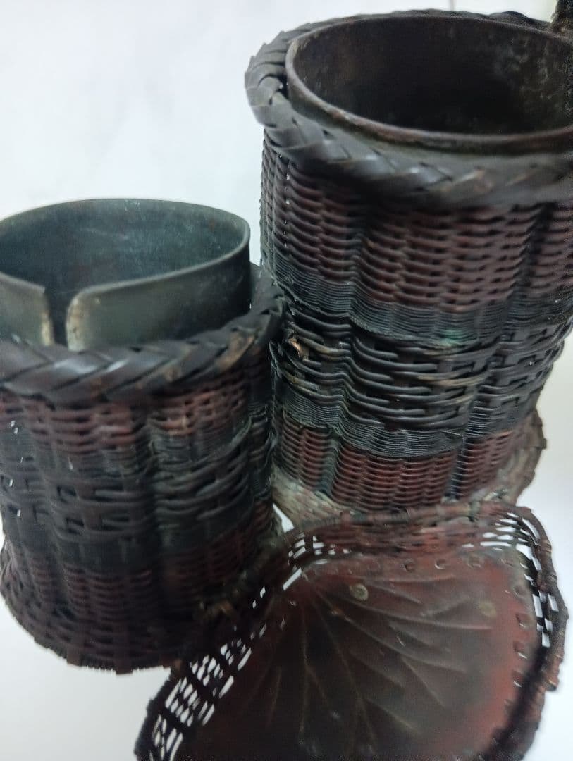 江戸時代武家旧家蔵出古銅製編込み細工茶道具置物アンティーク飾りコレクション