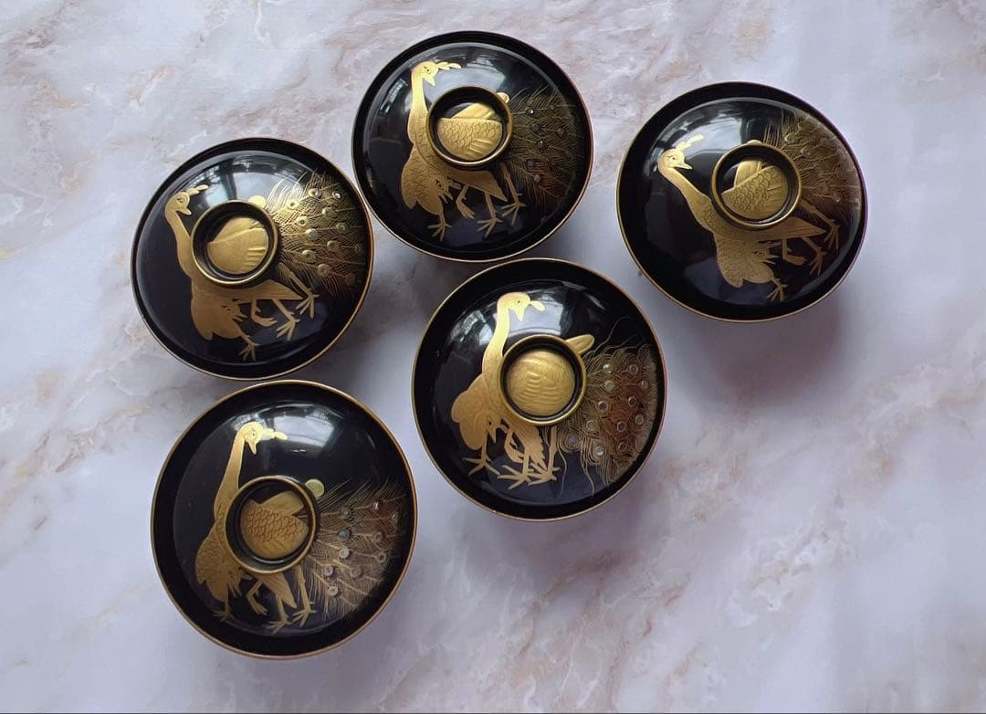 アンティーク　輪島塗 黒塗　孔雀　金蒔絵　細工 漆器 吸物雑煮汁椀 吸物椀