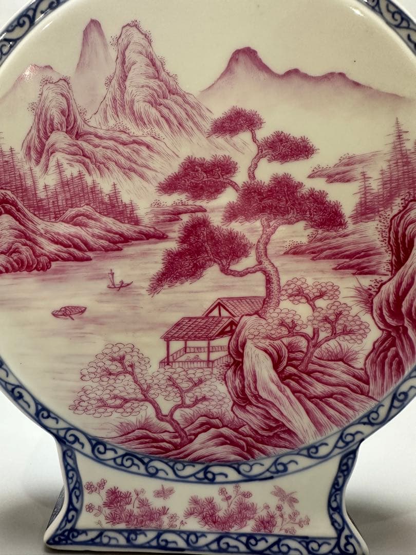 中国 春月作 山水細密画 扁壷 瓶 高23.5cm