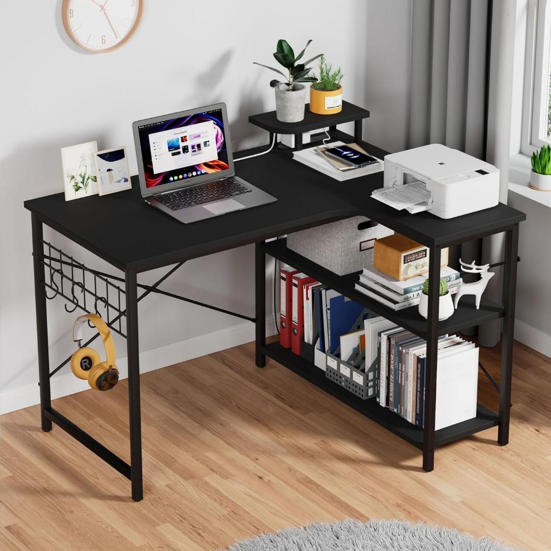 パソコンデスク⭐️L字デスク 電源コンセント ラック付き 110×80×74cm