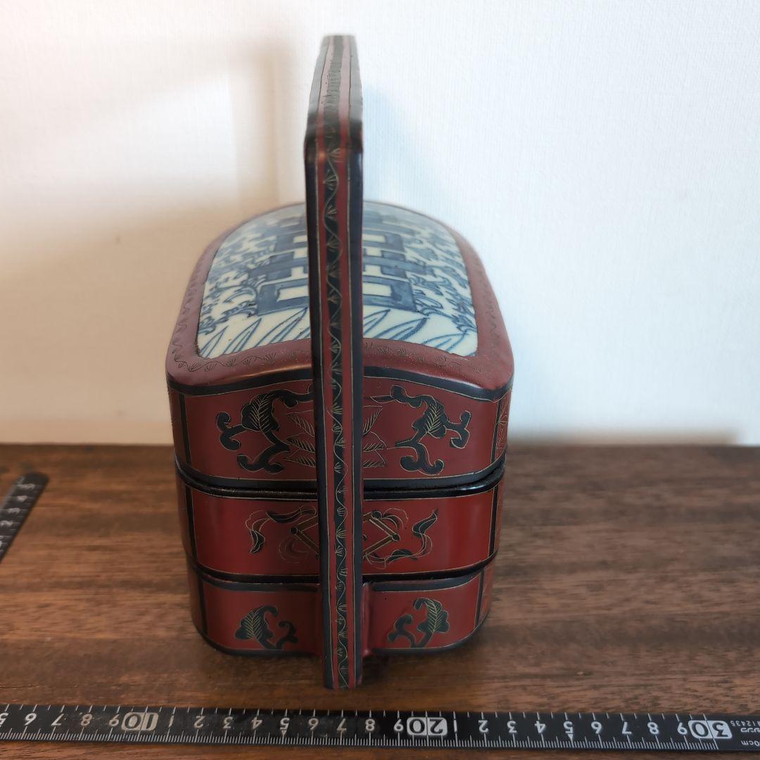 中国古玩　古染付上蓋　三段取手付重　漆器 菓子器・喰籠 古美術　骨董