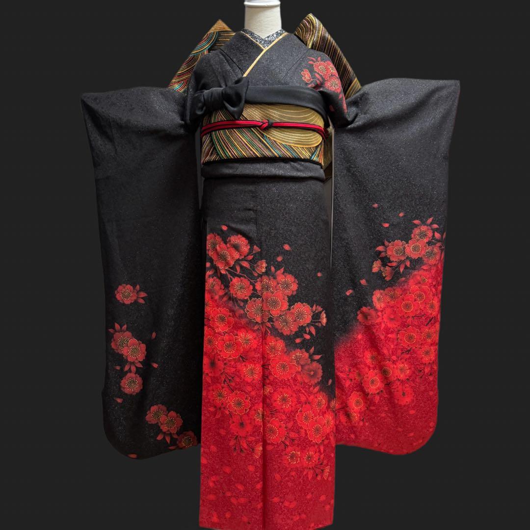 豪華　振袖６点フルセット　鈴乃屋　銀通し　ブラック　151〜161cm