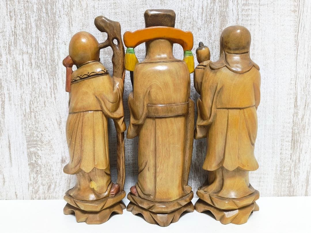 福禄寿 三星 木彫り 置物 3体 まとめ売り 像 神様 縁起物 中国 27cm