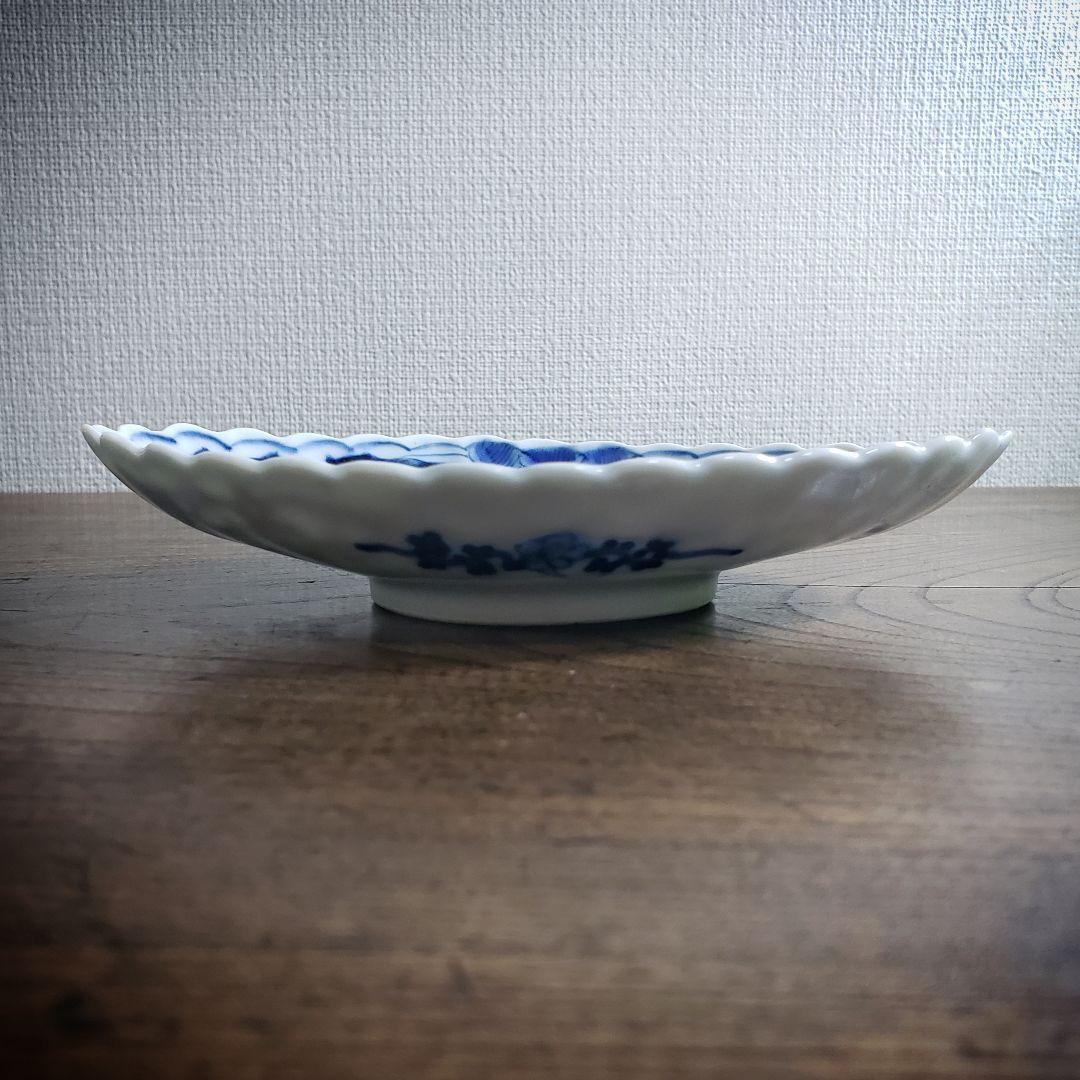 染付　舟形皿　変形皿　角福　古伊万里　牡丹唐草　唐花文　花弁縁　江戸　ロ号　欠け