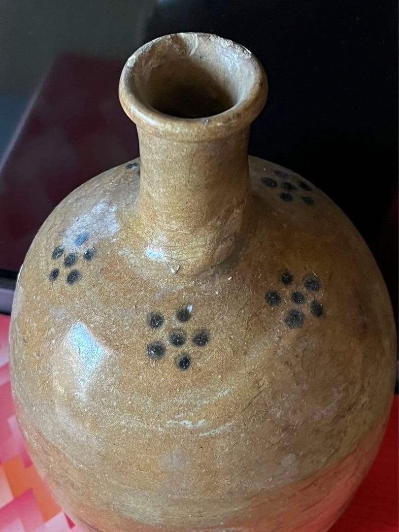 陶器製 古い徳利 黒い点模様