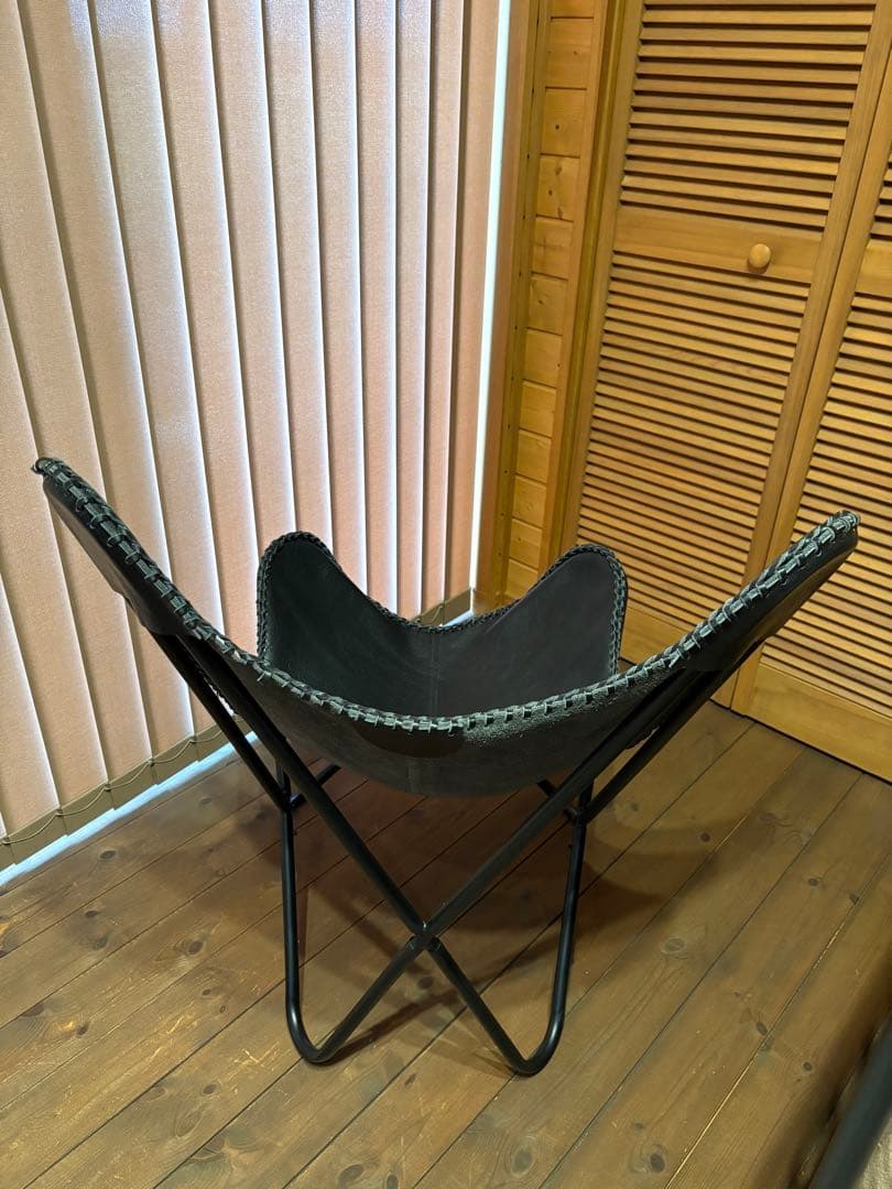 美品 ビカーサ購入 黒レザー バタフライチェア 手縫い 本革
