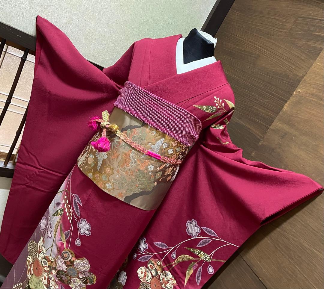 振袖 フルセット6点サイズM〜Ｌ刺繍　吉祥花蝶文　暈し染め　金糸　金彩　正絹