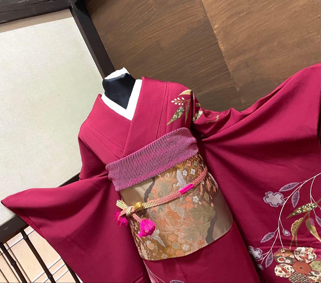 振袖 フルセット6点サイズM〜Ｌ刺繍　吉祥花蝶文　暈し染め　金糸　金彩　正絹