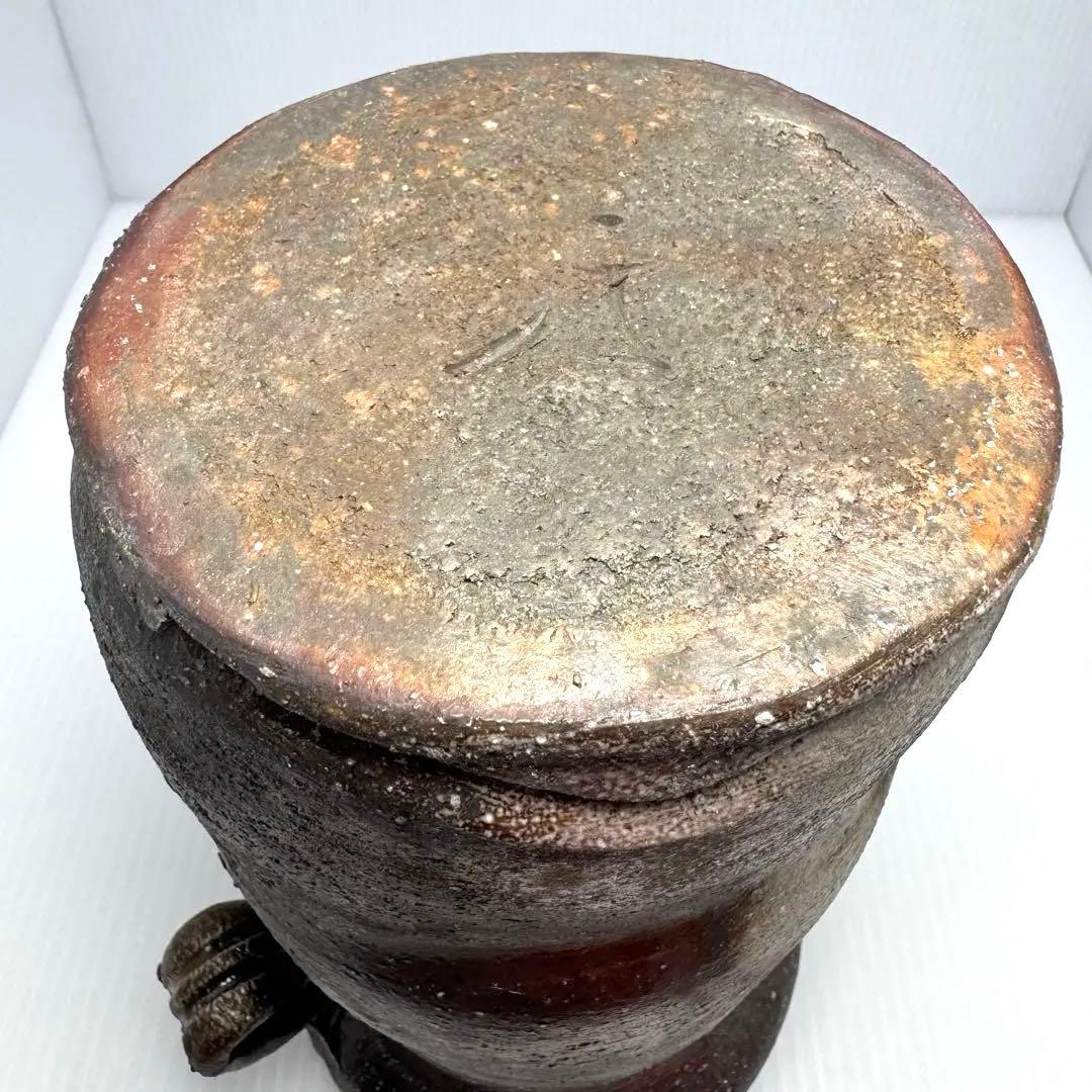 未使用 備前焼 斉藤隆 持ち手付き 花生 花瓶 花器 壺 伝統工芸 美術品