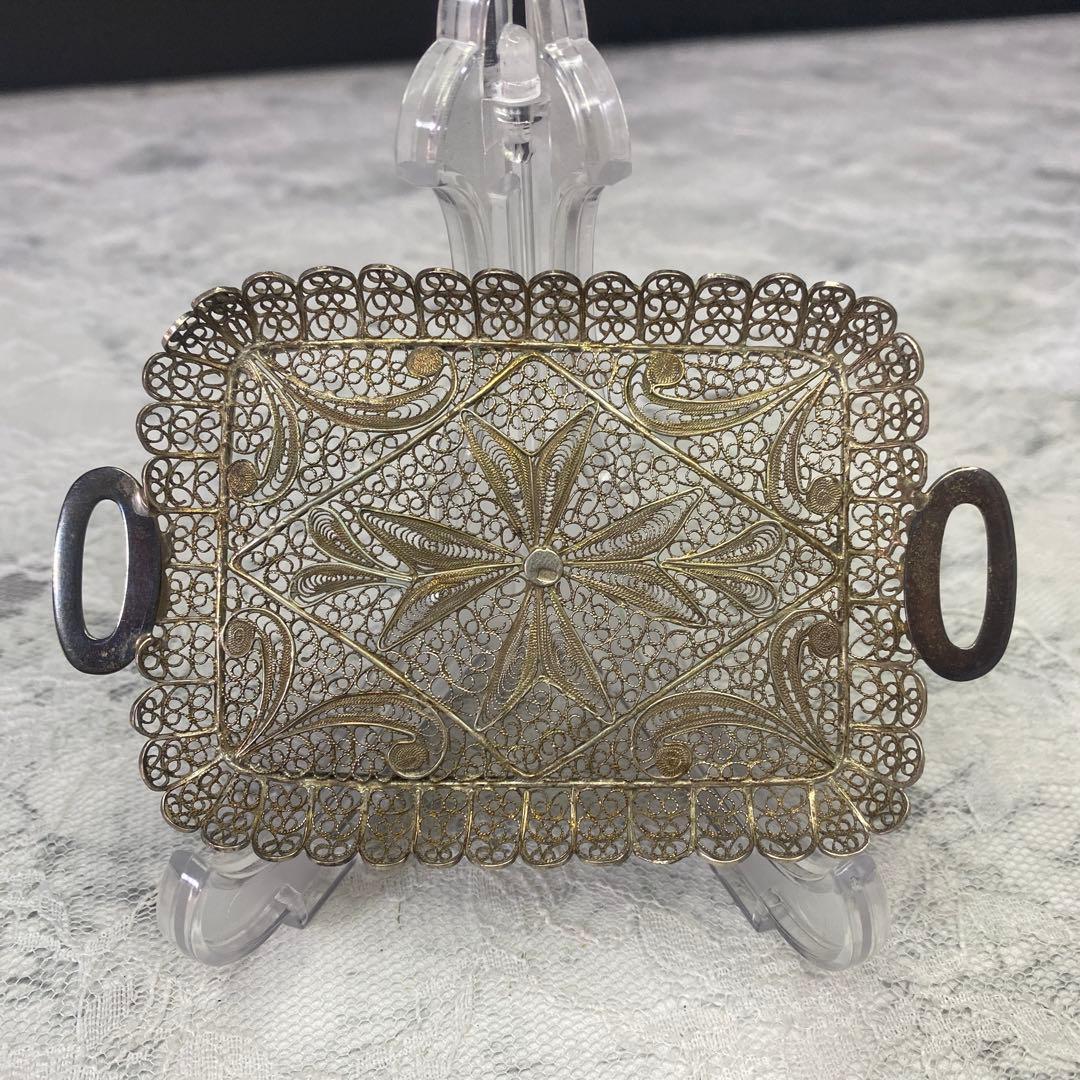 アンティーク　シルバー　800 トレー　銀線細工の可愛いミニチュアトレイ