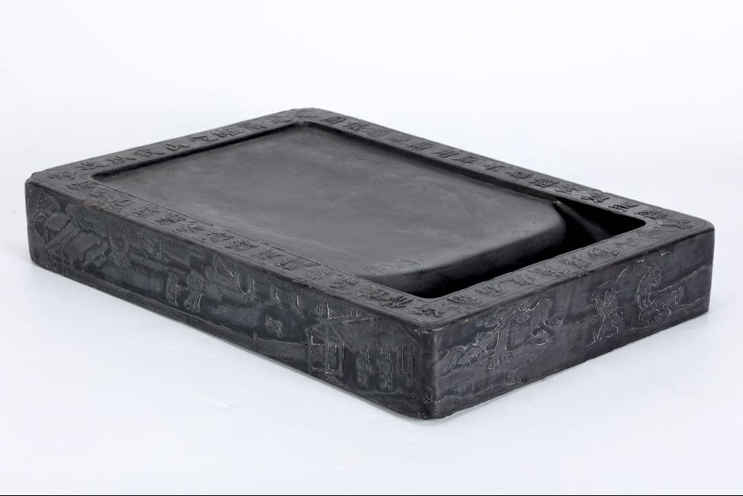 中国古玩 清乾隆帝御題詩刻 端渓石硯 12.5kg 唐木箱 書道具 古美術 骨董