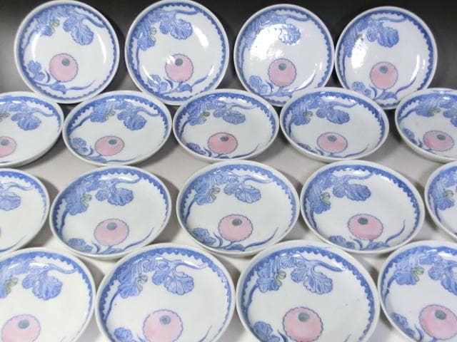 皿■印判果実紋中皿 19枚 明治拾弐年五月 元録模様大形皿 明治期 時代 骨董■