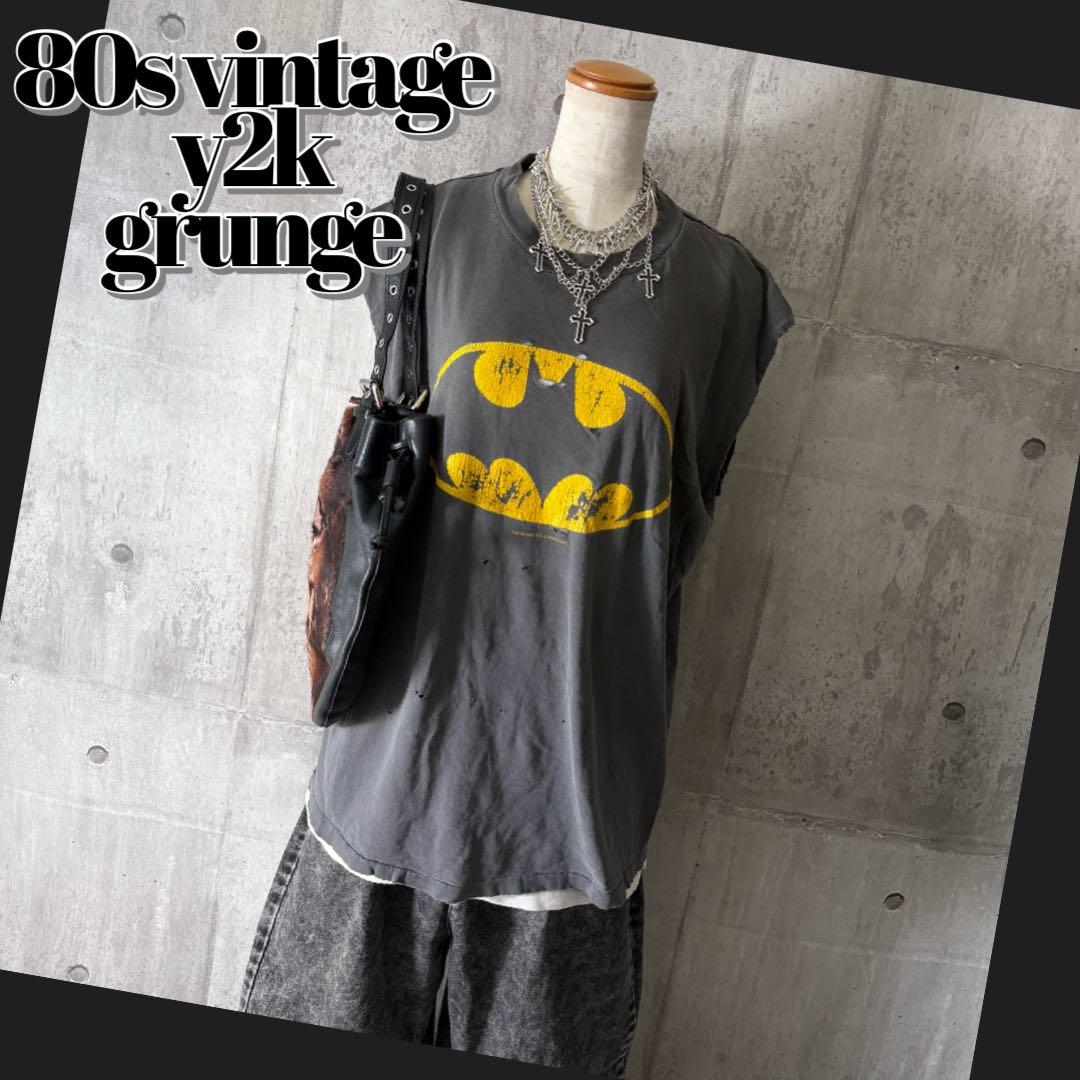 80s バットマン ノースリーブTシャツ 鬼フェード ダメージ ボロ y2k