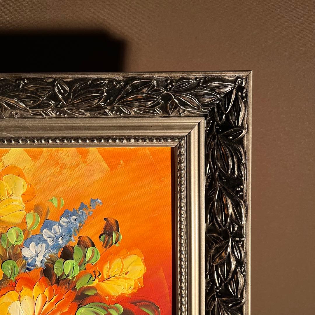 手書き油絵 花瓶の花 額付き 絵画 インテリア 油彩画