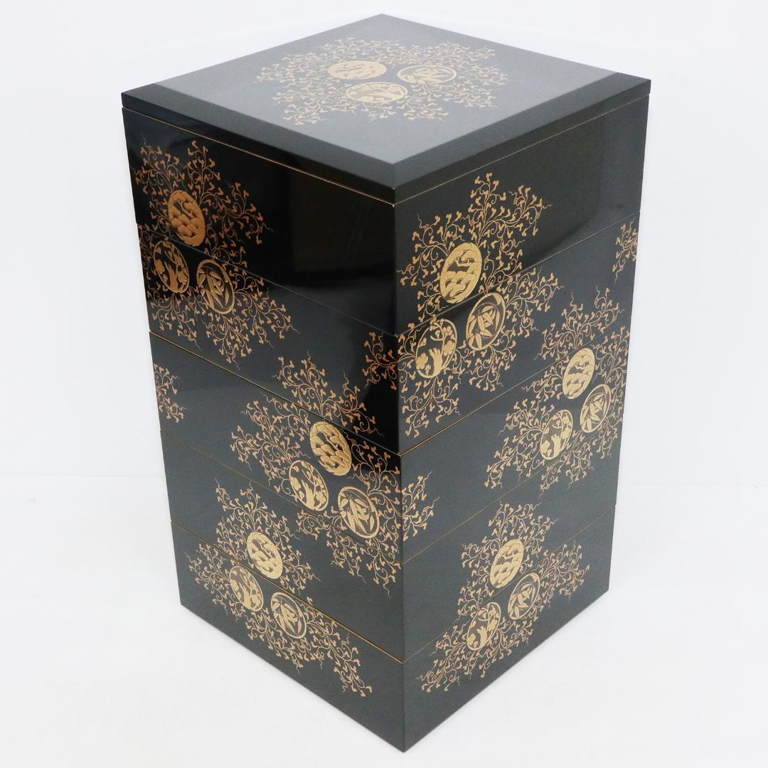 漆器　金蒔絵 花唐草 松竹梅 重箱　 塗師　鐵二　共箱 共布