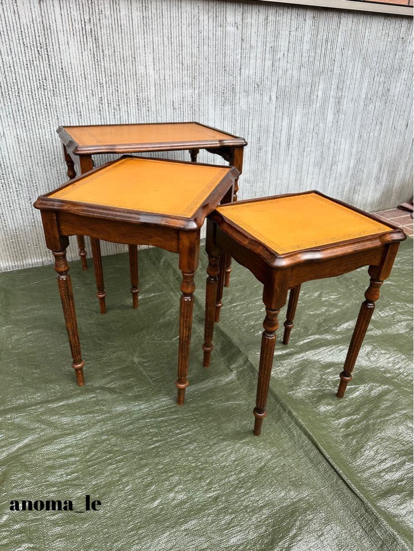 【ネストテーブル】木製　リーデッドレッグ　レザートップ　オケージョナル