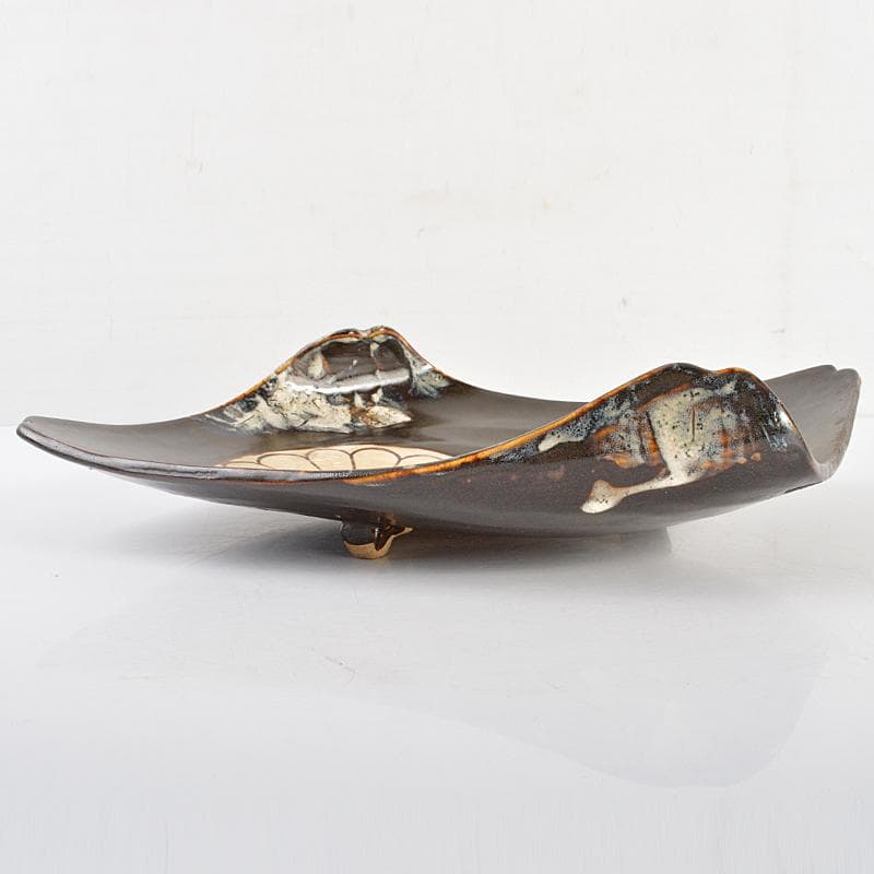 Tarou Kimoto　瀬戸黒加藤春鼎作菊文四方平鉢共箱C　R6658B